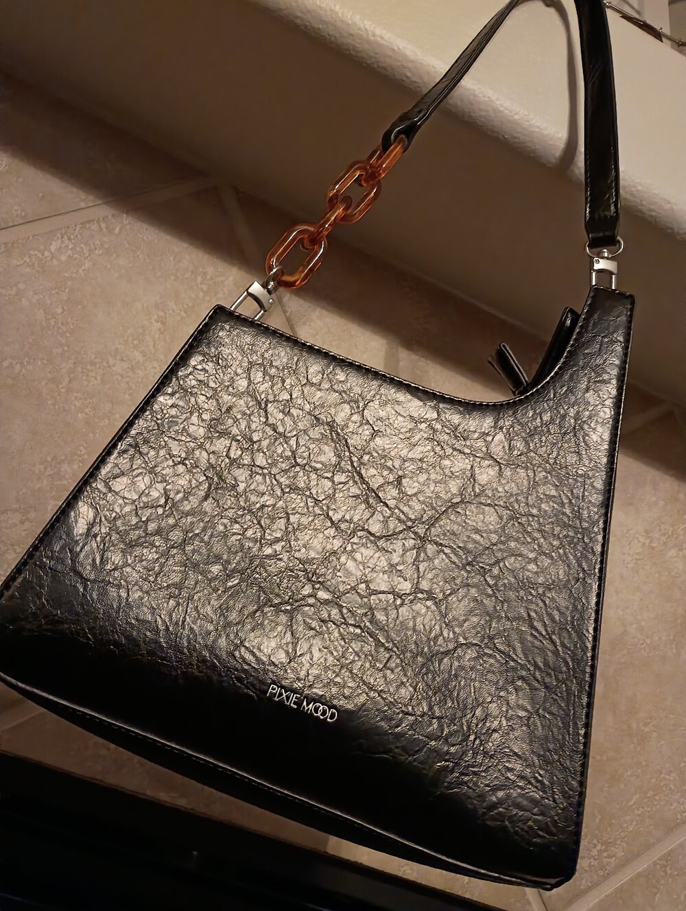 Pixie Mood Black Shoulder Bag with Tortoiseshell Chain Accent